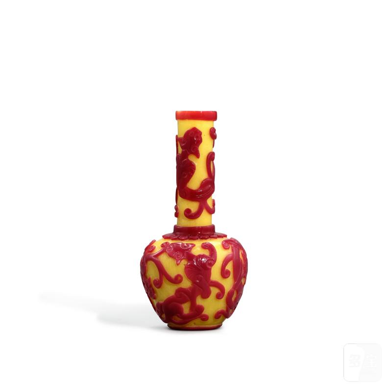 A small red overlay yellow glass 'chilong' vase, Qing dynasty, 19th century | 清十九世紀 黃地套紅料螭龍紋小瓶